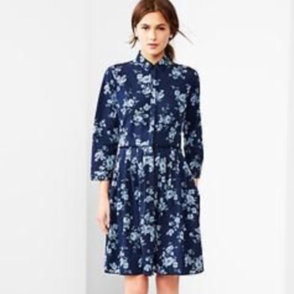 GAP 100% Cotton Floral Chambray Button Front Shirt Dress 3/4 Sleeves Pockets L